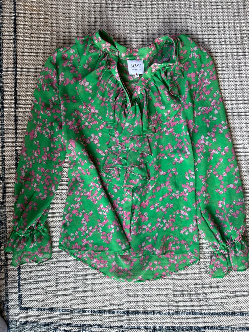 Misa Woman’s XS Los Angeles Lillie Green Pink Blossoms Floral Ruffled Blouse